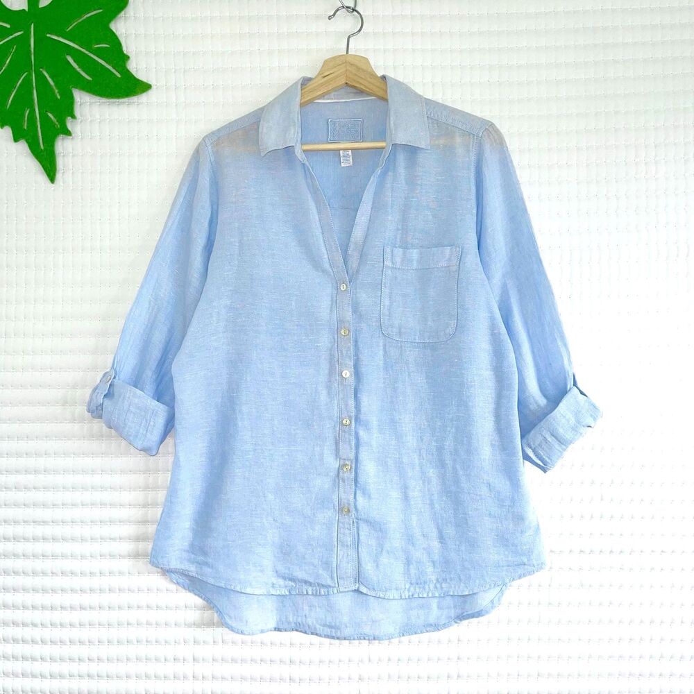 Sigrid Olsen Blue 100% Linen Shirt Size M Buttoned Up Classic Long Sleeve Top